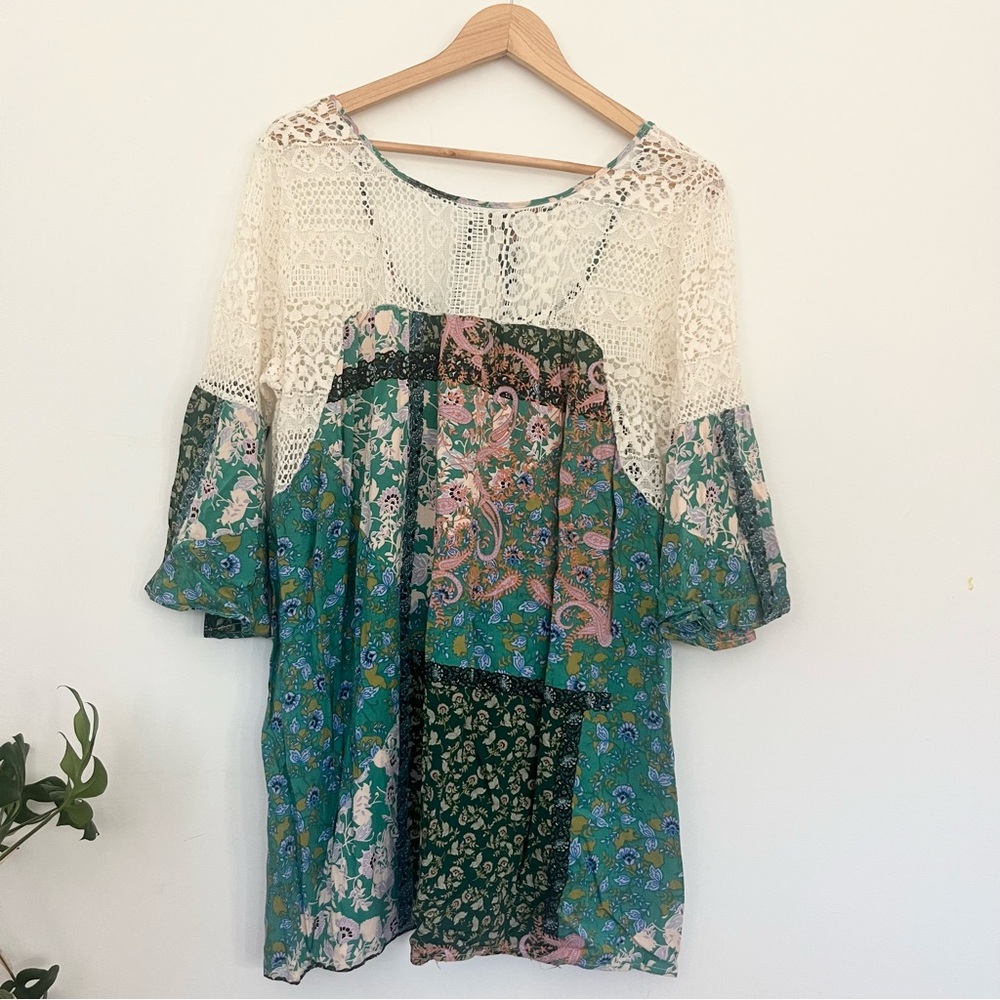 Umgee Bohemian Patchwork Blouse With Crochet Lace… - image 2